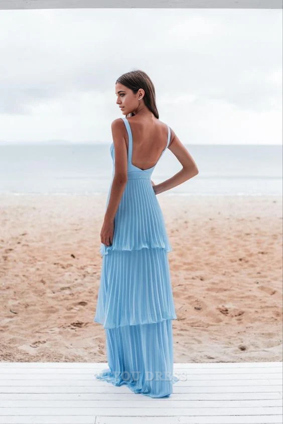 A-Line Pleated Backless Blue formal dresses Bridesmaid Dresses evening gown Prom Dress